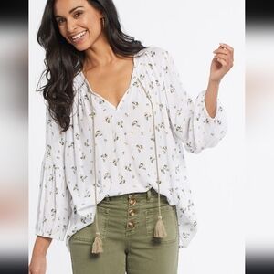 TRIBAL JEANS Boho Peasant Blouse Relaxed Floral Tassel Tie 100% RAYON SIZE XL.